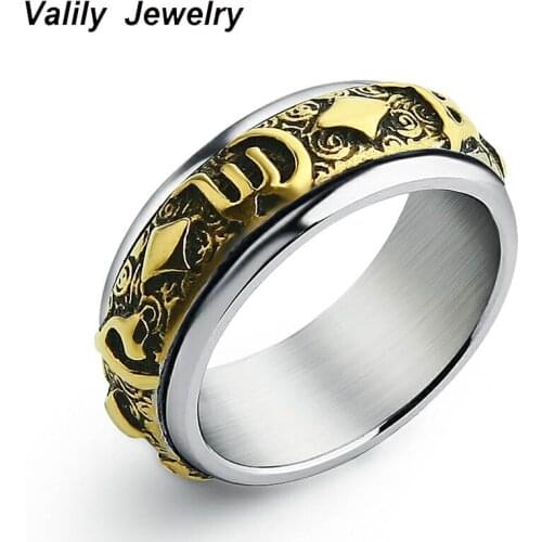 Valily Mens Gold Color Spinner Ring Stainless Steel Silver black Om mani padme hum Buddhism Ring for Man Women jewelry