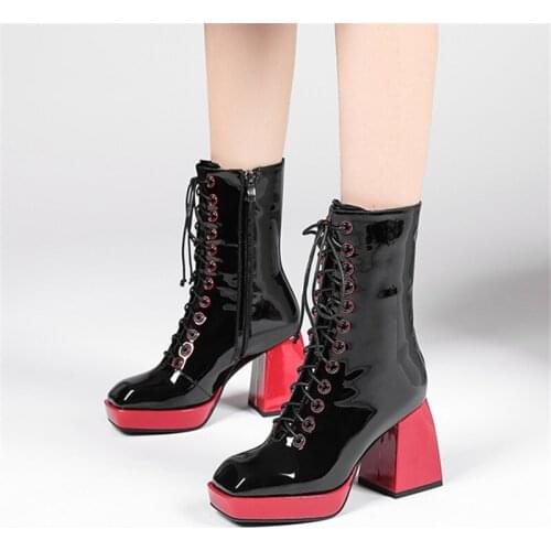 2021 New Genuine Leather Women Boots Chunky Platform Boots Thick High Heels Square Toe Lace Up Brand autumn Ankle Boots black