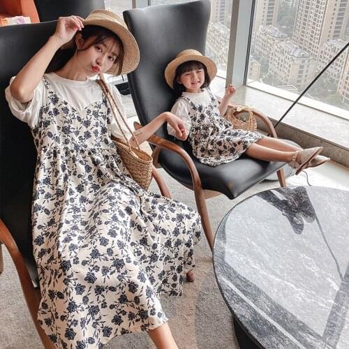 Family Matching Outfits 2021 Summer New Fashion Fake Two Floral Dress For Mother And Daughter Mom And Girls Clothes Family Look