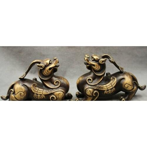 Song voge gem S2517 9" Folk Chinese Pure Bronze Wealth JiXiang RuYi Dragon Unicorn Statue Pair