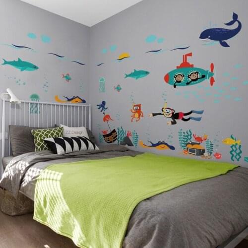 Cartoon Sea World Wall Stickers Kids Boy Room Decoration Children Bedroom Bathroom Nursery Wallstickers Mural Home Decor Poster