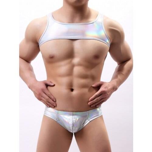 Sexy Wetlook Mens Lingerie PU Leather Crop Top Harness Costume Mini Shiny Tank Top Vest Underwear Briefs Set Club Stage Suits