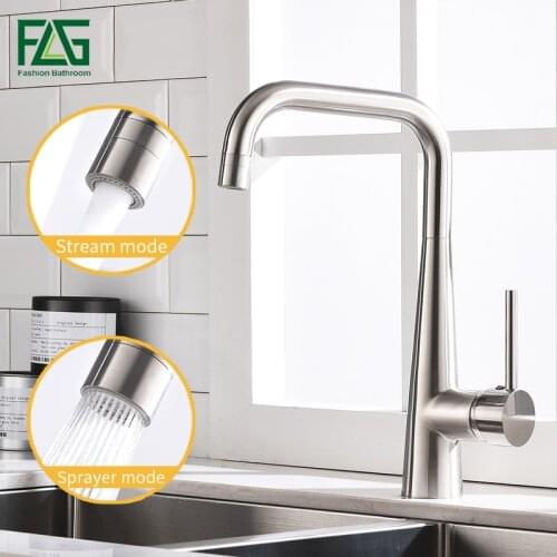 FLG Kitchen Sinks Brushed Nickel Brass Faucet 360 Swivel 2 Function Water Outlet Mixer Cold Hot Mixer Water Tap 1012-33N