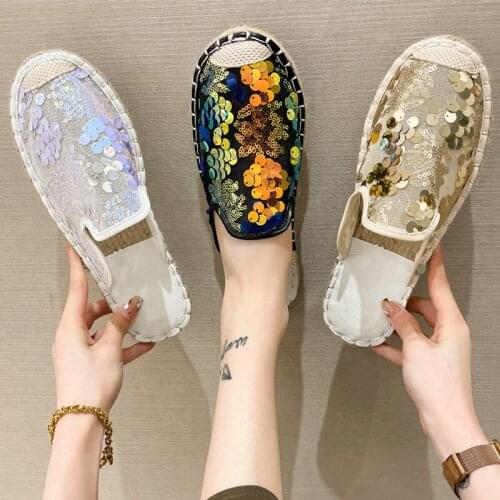 Women Fashion Sandals Loafers Beautiful Shinning Mules Flat Slippers（Size 35-43