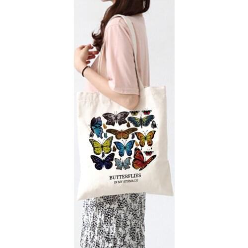 Vintage Shopping Bag Grocery Handbag Bolsas De Tela Canvas Tote Bolsa Aesthetic Butterflies In My Stomach Letter Shoulder Bag