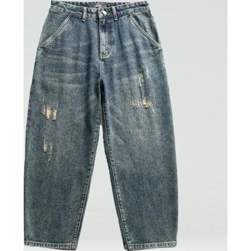 Vintage Mens Ripped Jeans Spring Fashion Streetwear Frayed Distressed Casual Straight Cotton Denim Jeans Pants Male Trousers