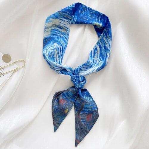 Luna&Dolphin Vintage Skinny Scarf 100x6cm Chinese Oil Painting Tied Sunflower Starry Sky Hair Streamers High-End Sense Headbands