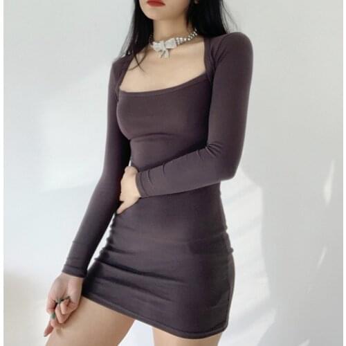 WOMENGAGA Women Square Neck Long Sleeve Bodycon Mini Dress Korean Sweet Girl Female Sexy Dresses ZA G5SF