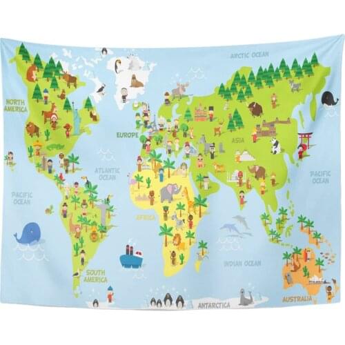 Funny Cartoon World Map with Children of Different Nationalities Animals and Monuments All The Continents Tapestry Home Decor