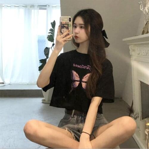 Campus Style T shirt Woman Spring Summer Butterfly Print Short Sleeve Women Tops Short Length Woman Tshirt
