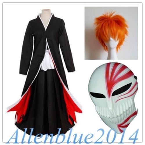Anime Bleach Ichigo Kurosaki Bankai Cosplay Costume Uniform Outfits Cloak Wig Mask Cos