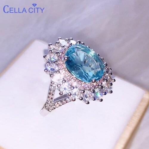 Cellacity Luxury Silver 925 Women Ring Silver Fine Jewelry with Huge Aquamarine Gemstone Engagement Wedding Party Gift