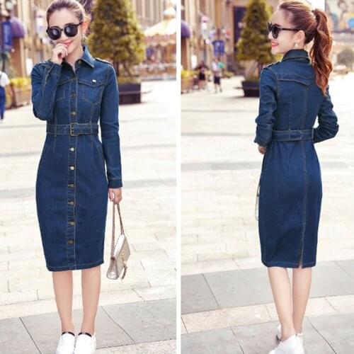 New Women Fashion Bodycon Dress Slim Long Sleeve Denim Pencil Dresses Autumn Cowboy Ladies OL Office Casual Dresses Vestidos