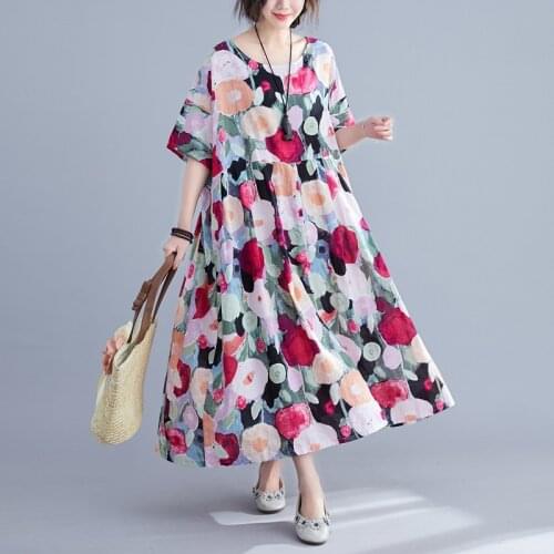 Johnature O-neck Natural Loose Long Dress Casual Print Short Pockets Summer Dress Mid-calf Regular Cotton Women Dress