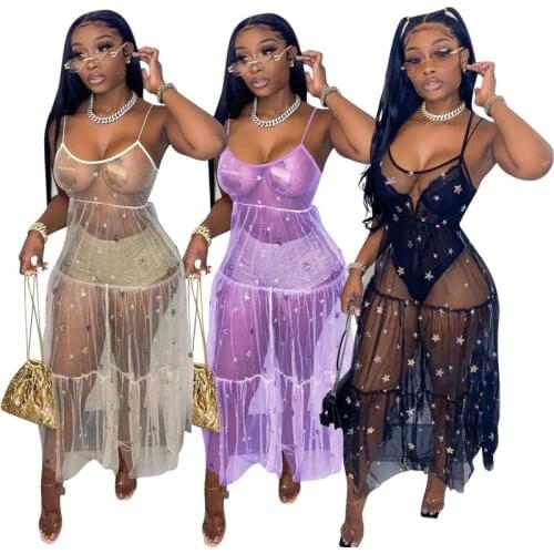See Through Mesh Dress Female Summer Sequins U-Neck Sleeveless Spaghetti Strap Boho Beach Dresses