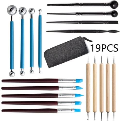 19pcs DIY Clay Sculpting Tools Kit Sculpt Smoothing Wax Carving Pottery Ceramic Shapers Modeling Carved Tools Storage Bag