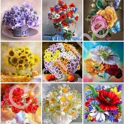 Flower DIY 5D Diamond Painting Vase Cross Stitch Embroidery Mosaic Picture Wall Sticker Full Round&Square Drill Home Decoration