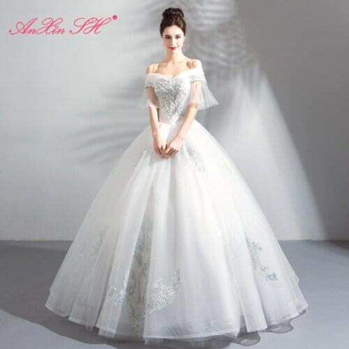AXJFU Princess vintage flower lace white wedding dress luxury beading crystal flower boat neck ruffles bride wedding dress 5156