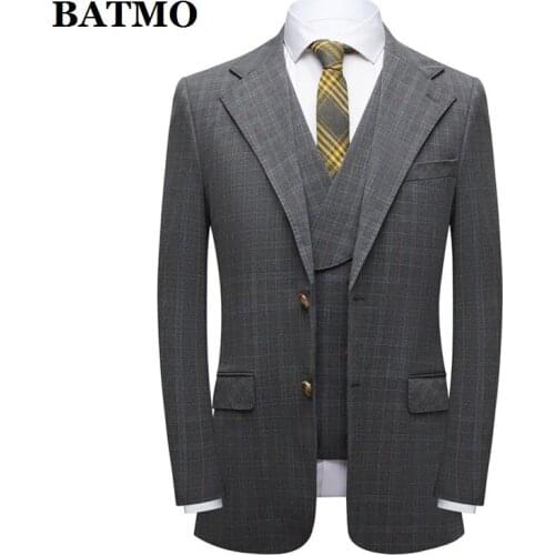 BATMO 2021 New arrival high quality casual plaid suits men,male grey suits,wedding dress,plus-size 3630