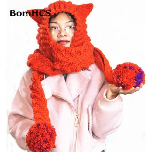 BomHCS 11 Colors Beautiful Big Scarf with Cute Ears Beanie 100% Handmade Knitted Ladies Fox Ears Neckerchief Hat