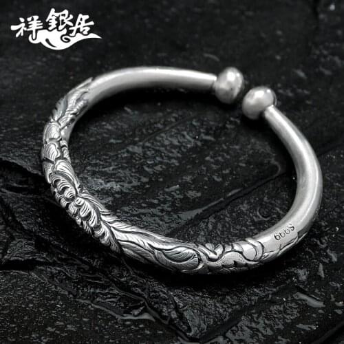 New 99 sterling silver jewelry fashion retro peony handmade silver jewelry engraved Open Silver Bracelet female
