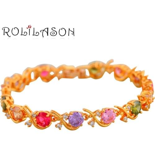 ROLILASON Best gifts Free shipping Multigem AAA Zircon & Crystal Gold Tone Bracelets Health Fashion jewelry TB220