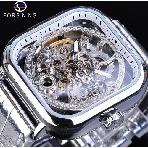 Forsining White Belt Transparent Business Dress Gear Mechanical Movement Mens Automatic Skeleton Wrist Watches Top Brand Luxury