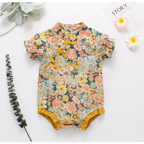 2021 Summer Infant Girls Clothing Short Sleeve Floral Print Chinese Style Clothing Baby Jumpsuit Twin Baby Clothes For 0-2y Baby