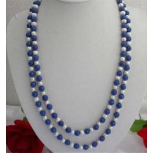 Beautiful 50inch Natural 7-8mm Egyptian Blue Lapis Lazuli & Real White Pearl Necklace