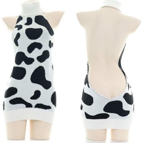 Cute Anime Cow Girl Cosplay Dress Sexy Backless Sleeveless Off Shoulder Knitted Sweaters Turtleneck Pullovers Tops Wholesale