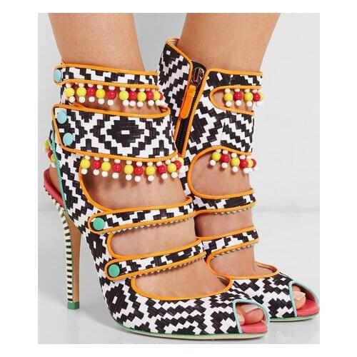 Summer fashion style black white grid pattern multicolor cute beading woman sandals cut outs slingback design ankle sandal boots
