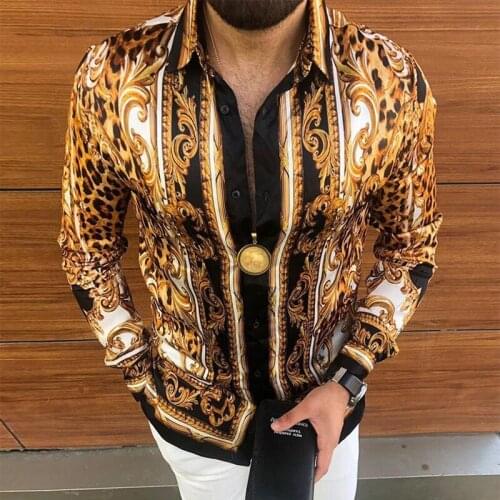 Vintage Printed Turn-down Collar Shirt Men Buttoned Cardigan Tops Fashion Streetwear 2021 Autumn Mens Casual Long Sleeve Shirts