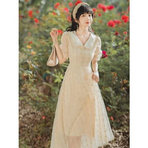 2021 Summer New Womens French Retro Doll Collar Embroidered Pearl Dress Wedding Party Off-White Mesh Girlish Long Dress