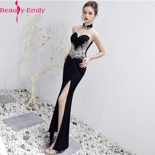 Charming Appliques Lace Mermaid Evening Dress Robe De Soiree 2020 High Neck Sleeveless Zipper Back Long Side Split Party Dress
