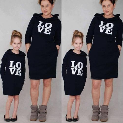 Family Matching Clothes Women Kid Long Hoodies Mother Daughter Letter Sweatshirt Autumn Winter Pocket Jumper Casual Hooded Dress