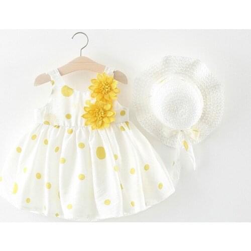 1-3T Newborn Toddler Kids Girl Summer Clothes Sundress Print Dots + Straw Sun Hat Outfits Set Fashion Cute Princess Dress