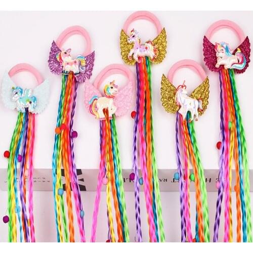 1 PC Unicorn Design Children Wig Elastic Hair Bands Girls Braids Unicorn Wing Hair Tie Twisted Sweet Kids Rainbow Rubber Band
