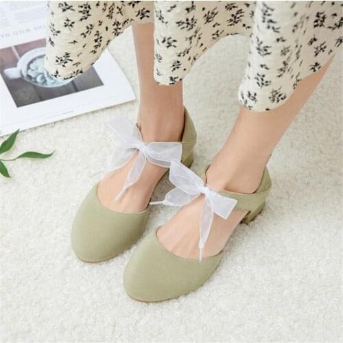 PXELENA Korean Riband Knot Girls Mules Faux Suede Med Heels Sandals 2021 Summer NEW Student School Shoes Large Size 34-48 Green