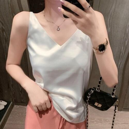 Korean Silk Women Tops Women Sleeveless Blouse Tops Woman Satin V-neck Top Plus Size Casual Woman White Top Ladies Basic Blouses