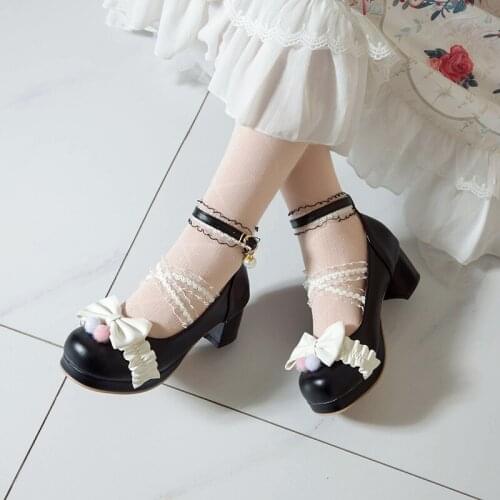 Hot Pink Pumps High Heels Platform Shoes for Women Buckle Bows Black Punk Gothic Princess Shoes Autumn Large Size 45