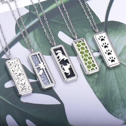 Vintage Rectangle Flower Magnetic Essential Oil Diffuser Perfume Locket Pendant Necklace Aromatherapy Necklace Diffuser Jewelry