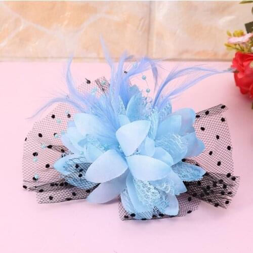 Women Bridal Mesh Bow Feather Beads Wedding Fascinator Dot Veil Hair Clip Brooch