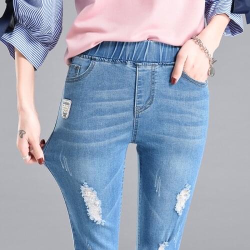 Woman Summer Capris Denim Jeans Elastic Waist Pencil Pants Big Size Female Skinny Jeans Trousers Ripped Jeans Femme Pantalon D23