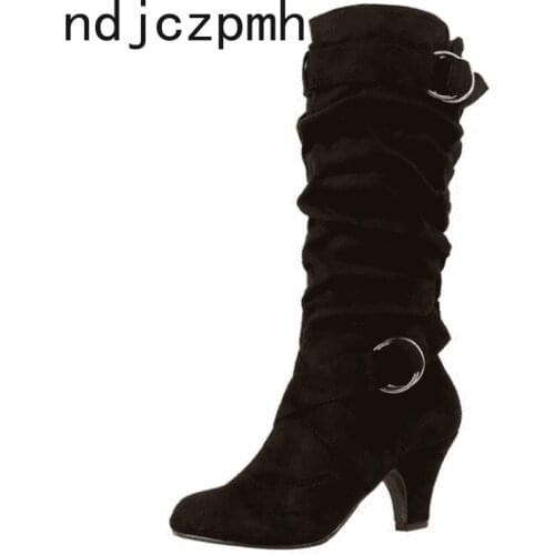 Womens Boots The New fashion winter Round head zipper mid heel Middle tube Womens shoes plus size 34-43 Heel Height 5cm black