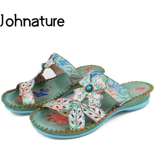 Johnature Summer Shoes Women Slippers 2021 New Genuine Leather Mixed Colors Outside Flat With Handmade Concise Ladies Slides