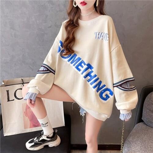 2021 Spring And Autumn New Splicing Pullover Fashion Korean Thin Womens Sweatshirt Round Neck Letters Long Sleeve Womens Hoodi