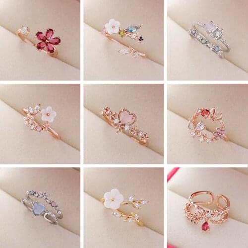 2020 Korean Delicate Zircon Crystal Leaf Shell Flower Heart Rings For Women Fashion Opening Finger Bague Ring Sweet Party Gifts