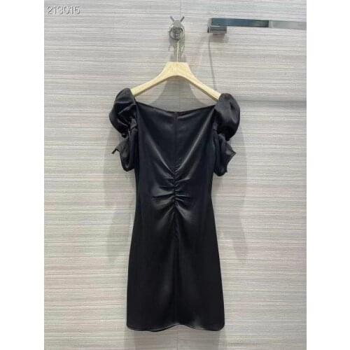 2021 New Summer Women Short Puff Sleeve Runway Dress Square Collar Draped Black Mini Sexy Dresses Vestidos