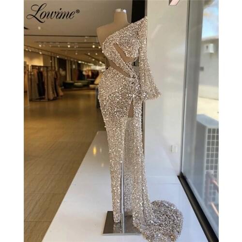 Lowime Special Design Sequined See Through Evening Dress Plus Size Mermaid Long Prom Dresses 2021 Custom Made Wedding Party Gown