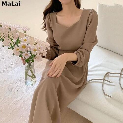 New Lolita Dress French Style Elegant Women Chic Vintage Square Collar Puff Sleeve Lace Up Slim Waist Party Dress Solid Vestidos